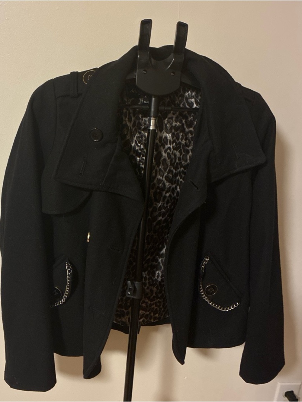 Baby Phat Black Pea Coat with Leopard Print Lining